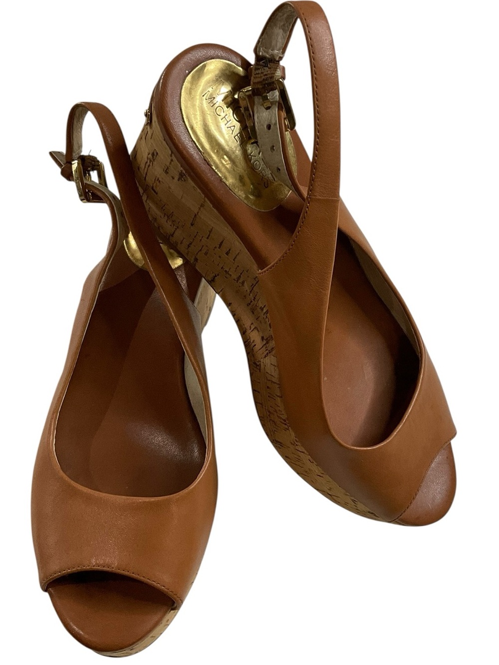 MICHAEL Michael Kors Brown Leather Cork Wedge Slingback Peep-Toe Sandals - Picture 2 of 9